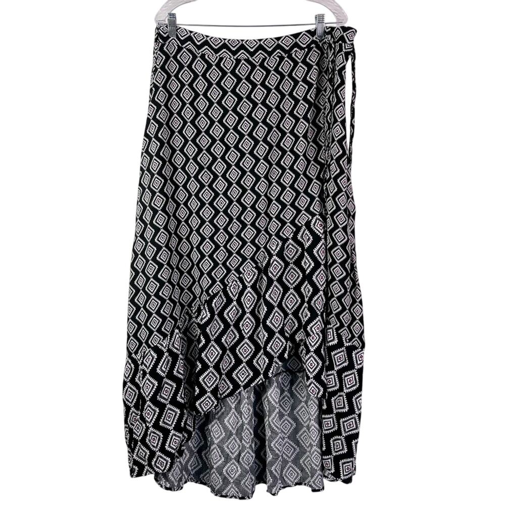 Torrid Skirt Womens Plus 2 Wrap Challis Maxi Black White Tribal Print Ruffle Tie